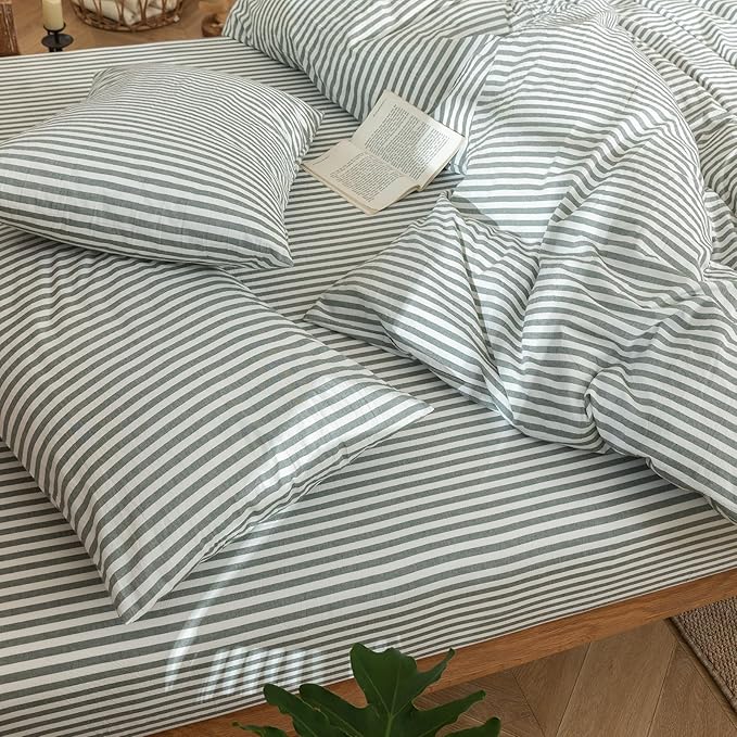 MooMee Striped Duvet Cover Set 100% Washed Cotton Linen Like Textured - Image 8
