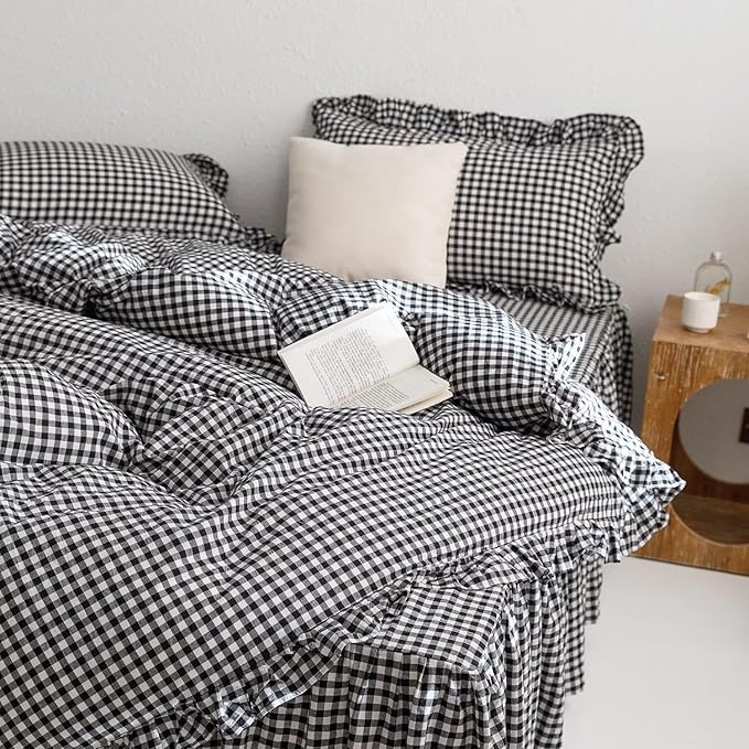 MKXI Black and White Gingham Duvet Cover Twin, 3-Piece Ruffled Bedding Set - Image 3
