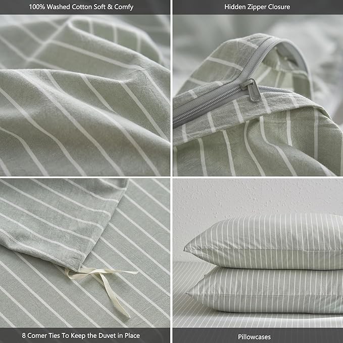 MooMee Striped Duvet Cover Set 100% Washed Cotton Linen Like Textured - Image 6