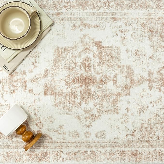 Runner Rug 3x10 Cream Hallway Washable Beige Carpet Non Slip Vintage Medallion - Image 6