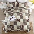 Xruibed Floral Plaid Patchwork Fall Quilt Set Queen Size 3 Pieces Taupe Beige - Image 3