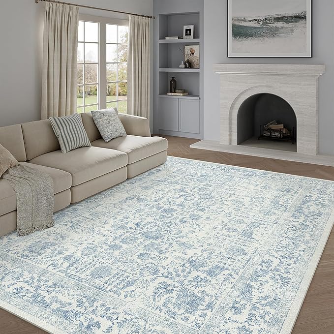 Blue Area Rug 6x9 Machine Washable Vintage Living Room Distressed Non Slip by PureCozy