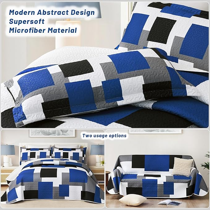 Tyrot 3 Piece Blue White Grey Quilt Set Full/Queen Size Black White Geometric - Image 3
