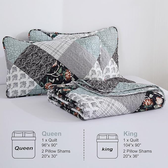 Xruibed Floral Plaid Patchwork Quilt Set King Size 3 Pieces Blue Gray Bedspread - Image 7