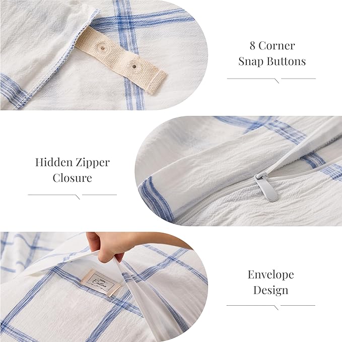 Blue Plaid Duvet Cover Queen Size, 100% Soft Washed Cotton Queen Duvet Cover - Image 5