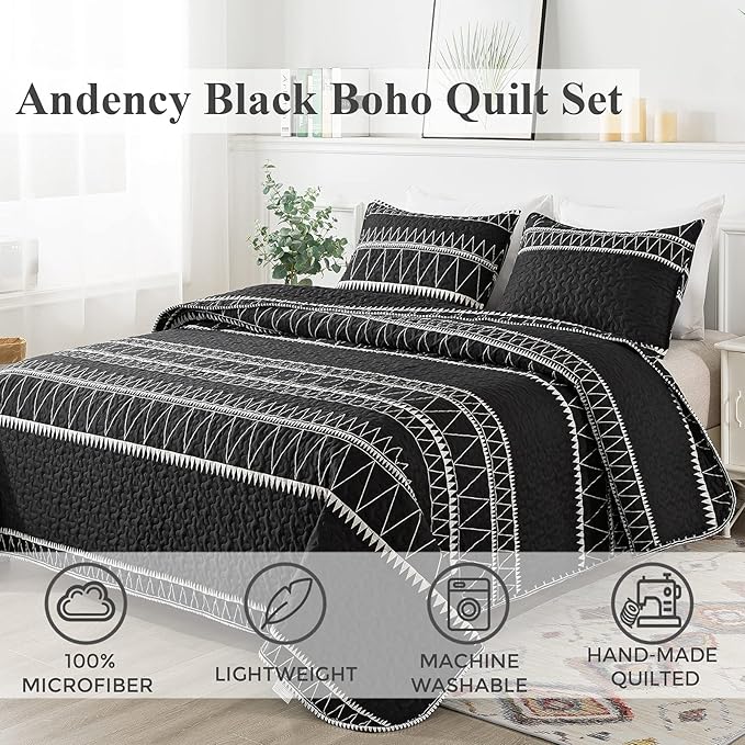 Andency Black King Size Quilt Set, 3 Pieces Boho Lightweight Soft Striped - Image 2