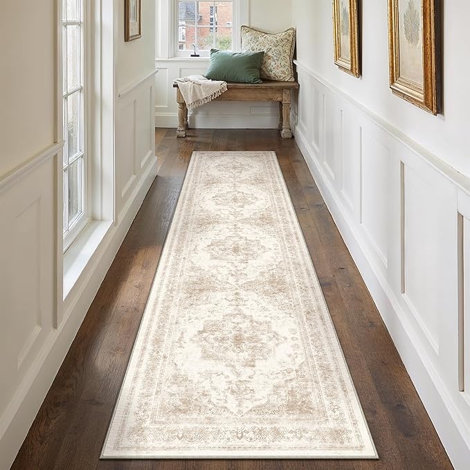 Runner Rug 2x10 Cream Hallway Washable Beige Carpet Non Slip Vintage Medallion by PureCozy