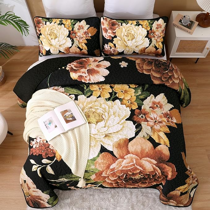 WONGS BEDDING Black Boho Floral Quilt Set Queen, Elegant Gold Flower Bedspread - Image 2