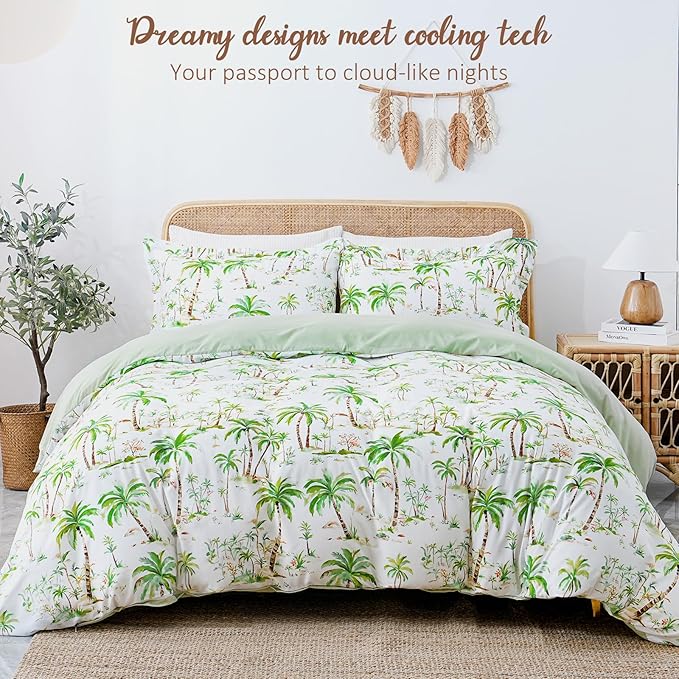 LONAVA Queen Tropical 3 Pcs Duvet Cover Set, Breathable Soft Microfiber Sage - Image 2