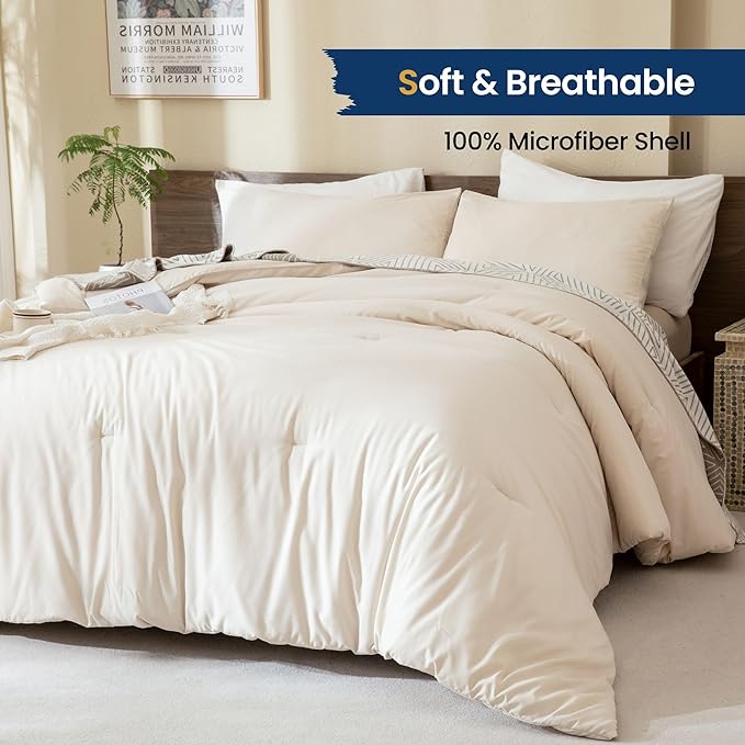 Paxrac Beige Comforter Set King Size, Cream 3 Pieces Comforter Set, Lightweight - Image 2