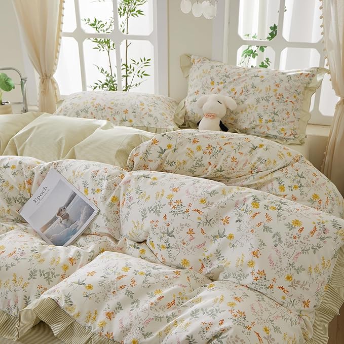 mixinni 100% Cotton Duvet Cover Set Twin XL, Reversible Spring Floral Ruffle - Image 2