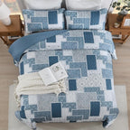 Xruibed Blue Boho Quilt Set Queen Size, 3 Pieces Plaid Floral Bedspread - Image 4