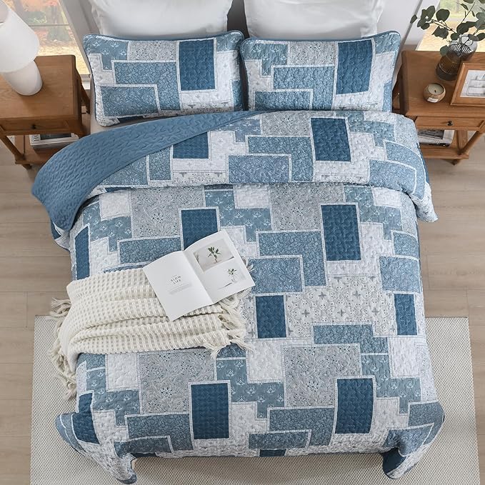 Xruibed Blue Boho Quilt Set Queen Size, 3 Pieces Plaid Floral Bedspread - Image 4