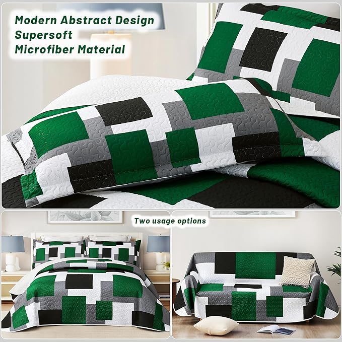 Tyrot 3 Piece Green Quilt Set Full/Queen Size Green Black White Geometric - Image 3