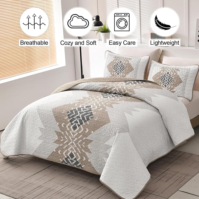 Dintszyayue Brown Boho Quilt Set King, 3 Pieces Aztec Texture Quilt - Image 2