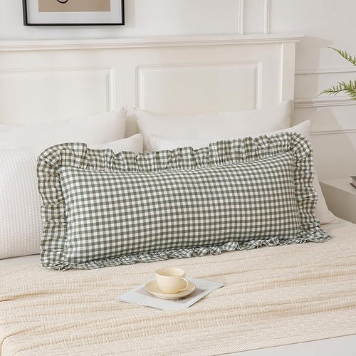 14x36 inches Sage Green Plaid Ruffle Lumbar Pillow Sham 1 Piece, Pure Cotton by Qilunn