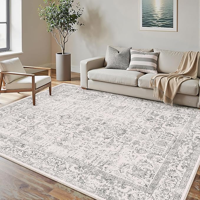 Gray Area Rug 5x8 Machine Washable Vintage Living Room Distressed Non Slip by PureCozy