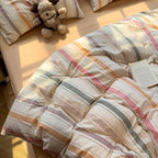 MKXI Washed Cotton Duvet Cover Set Retro Stripes in Autumn Palette 3-Piece - Image 3