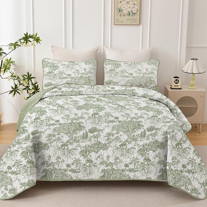 WONGS BEDDING Botanical Quilt Set Queen Size, Sage Green 3 Pieces Toile Floral - Image 2