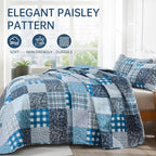 Xruibed Blue Quilt Set King Size 3 Pieces Plaid Floral Boho Bedspread Coverlet - Image 3