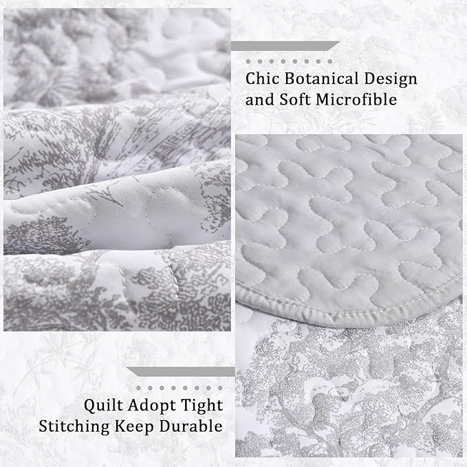 WONGS BEDDING Grey Quilt Set King Size, 3 Pieces Botanical Bedspreads Set - Image 5