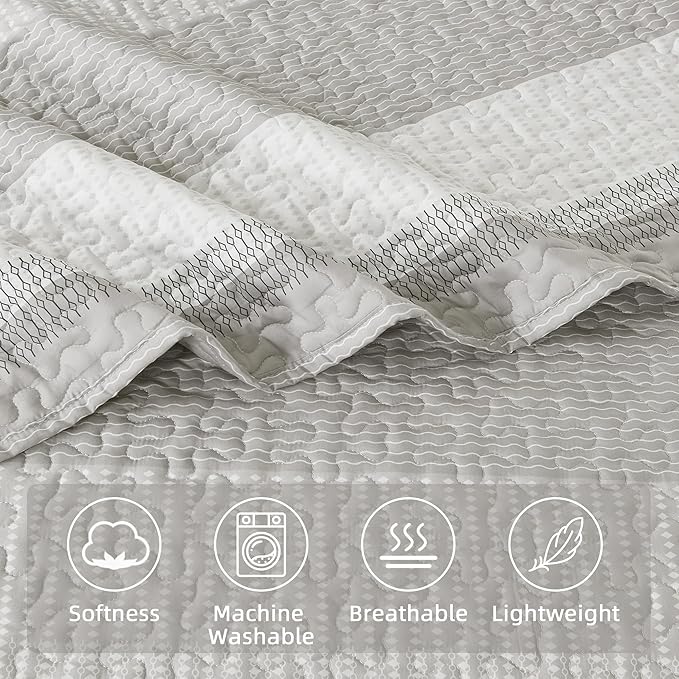 Andency Queen Quilt Bedding Set Linen Grey, 3 Pieces Patchwork Summer Striped - Image 4