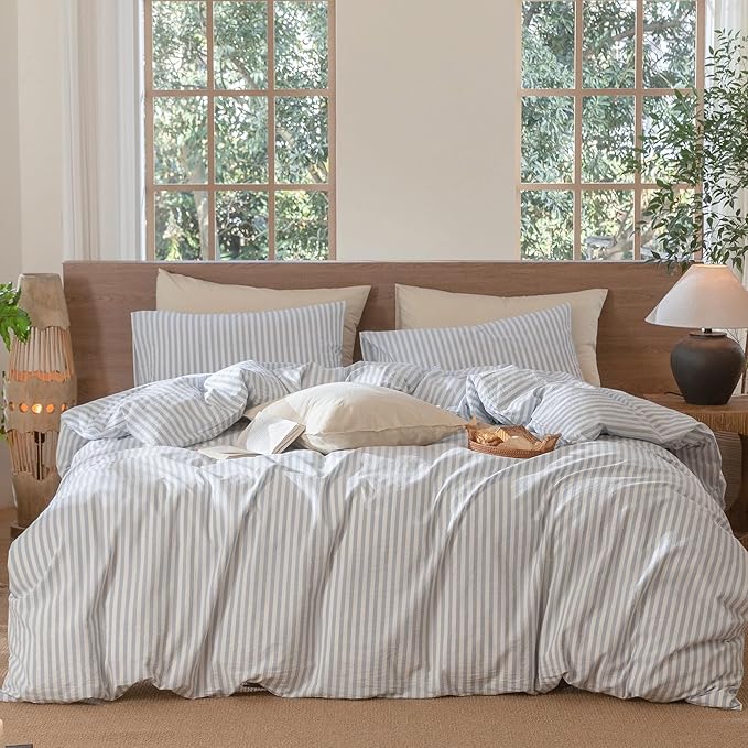 MooMee Striped Duvet Cover Set 100% Washed Cotton Linen Like Textured by MOOMEE