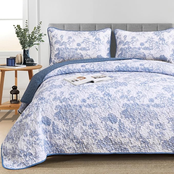 WONGS BEDDING Blue Quilt Set King Size, 3 Pieces Botanical Bedspreads Set - Image 7