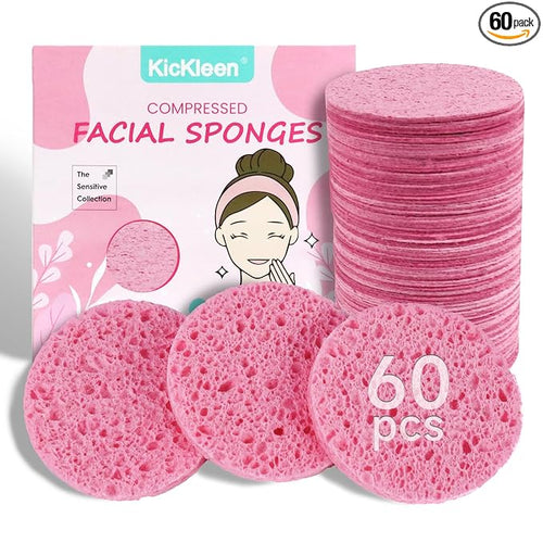 60-Count Compressed Facial Sponges|100% Natural Kickleen Cellulose Cosmetic Spa by KICKLEEN