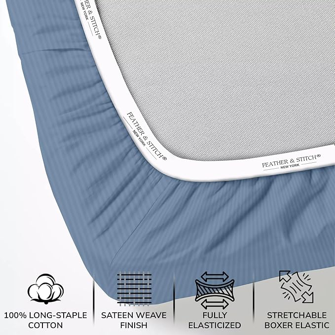 Feather & Stitch 1 Piece Fitted Sheet King Size, 100% Cotton Damask Sateen Weave - Image 2