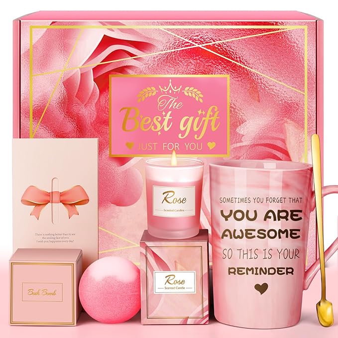 Birthday Gifts for Women, Friend: Unique Pink Self Care Spa Relaxation Baskets by Eletorot