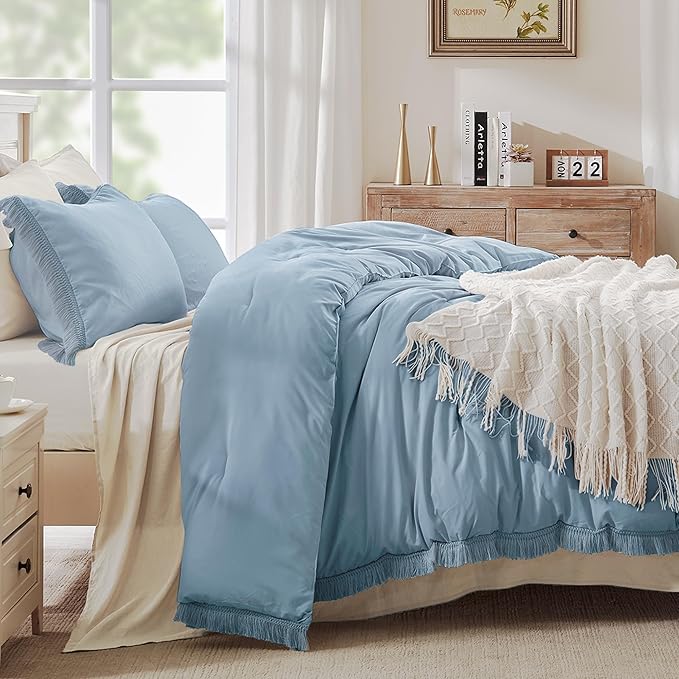 Andency Grayish Blue Comforter Set Full Size, 3 Pieces Boho Tassel Lightweight - Image 2
