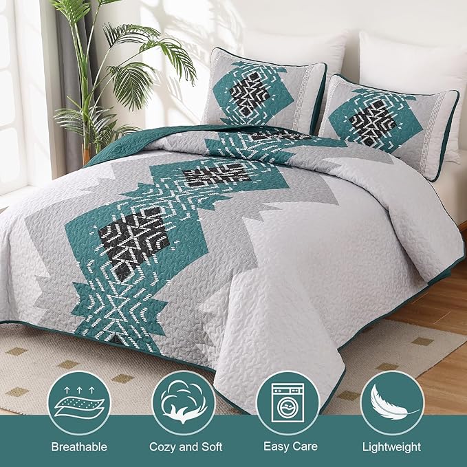 Dintszyayue Boho Quilt Set King 3 Pieces Teal Aztec Texture Bedspread Coverlet - Image 2