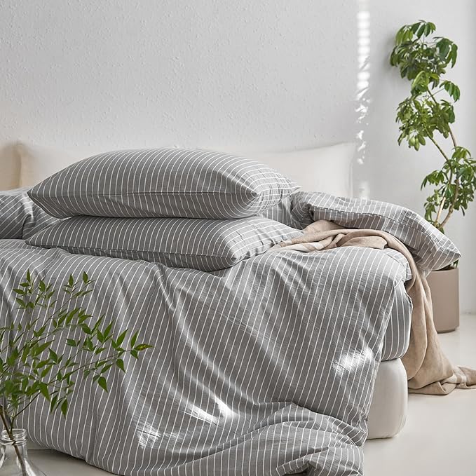 MooMee Striped Duvet Cover Set 100% Washed Cotton Linen Like Textured - Image 5
