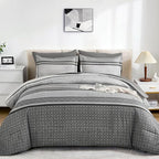 WONGS BEDDING Grey Comforter Set King Size, 7 Pieces Striped Bed in a Bag - Image 2