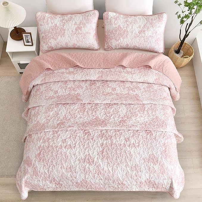 WONGS BEDDING Quilt Set King Size, 3 Pieces Pink Floral Plants Printed - Image 3