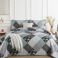 Xruibed Floral Plaid Patchwork Quilt Set King Size 3 Pieces Blue Gray Bedspread by Xruibed