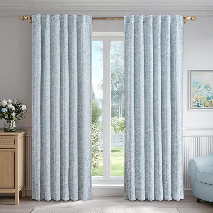 Beauoop Blue Floral Jacquard Blackout Curtains 63 Inches Long 2 Panels - Image 2