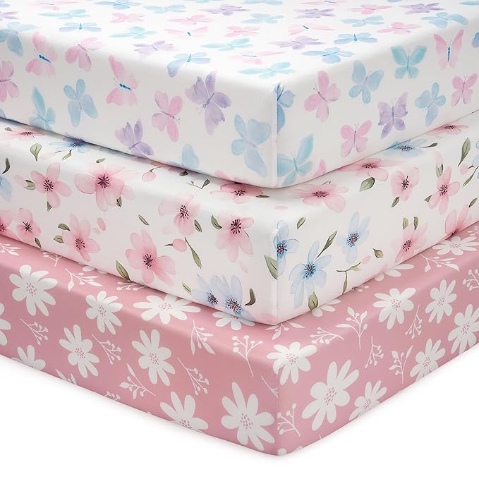 Baby Mini Crib Sheets Girl, Portable 38”x26” Pack and Play Sheets Fitted by FIEMOL
