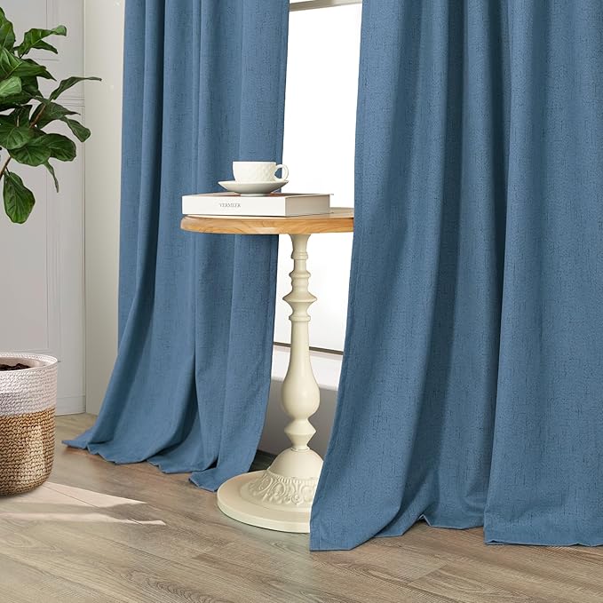 Denim Blue Back Tab Blackout Curtains 108 Inches Long 2 Panel Set Cotton Linen - Image 8