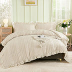 WONGS BEDDING Beige Textured Comforter Set King, 3 Pieces Ruffle Farmhouse - Image 4