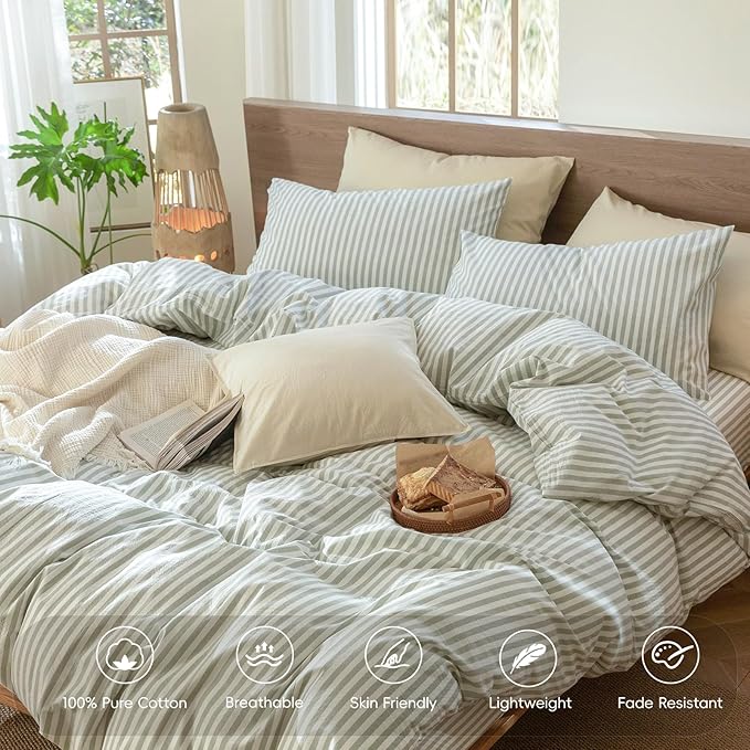 MooMee Striped Duvet Cover Set 100% Washed Cotton Linen Like Textured - Image 4