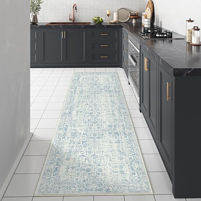 Blue Runner Rug 2x8 Hallway Machine Washable Kitchen Vintage Distressed Non - Image 6