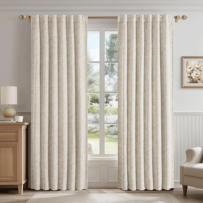 Beauoop Beige Floral Jacquard Blackout Curtains 63 Inches Long 2 Panels - Image 2