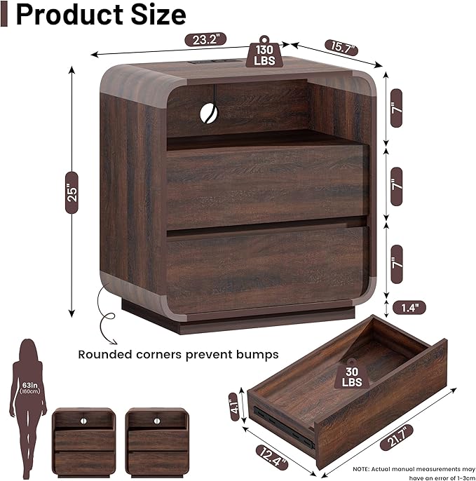 Modern Walnut Nightstand, 2 Storage Drawers Side Table Curved Profile, - Image 3