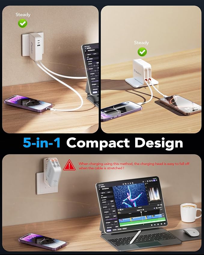 65W for MacBook Pro Charger, 5-in-1 Retractable Wall Charger Plug for iPhone 17 - Image 8
