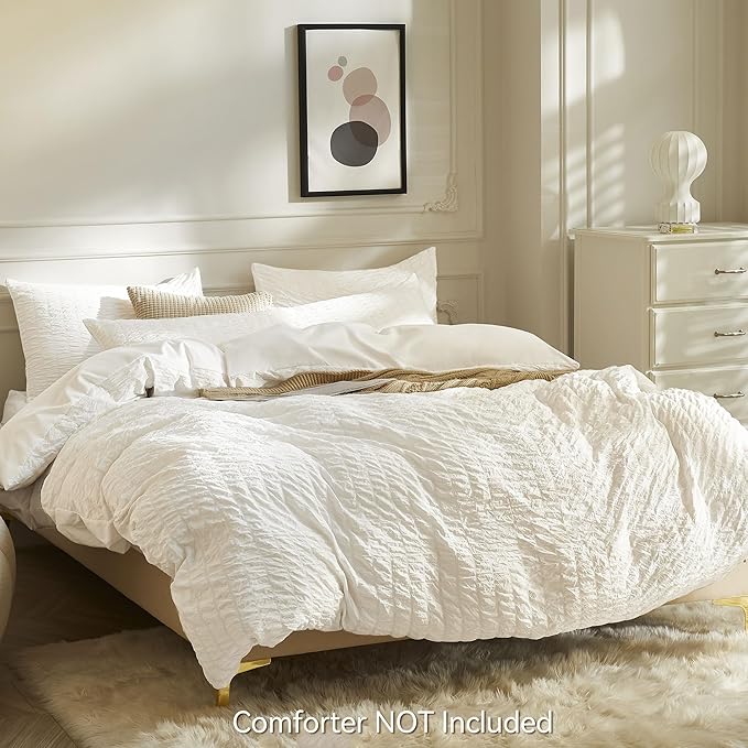 JELLYMONI White Duvet Cover Twin Size, Soft Breathable Seersucker Duvet Cover - Image 3