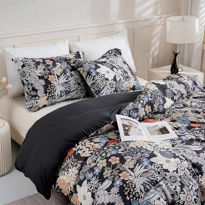 LONAVA Queen Flower 3 Pcs Duvet Cover Set, Breathable Soft Microfiber Black - Image 8
