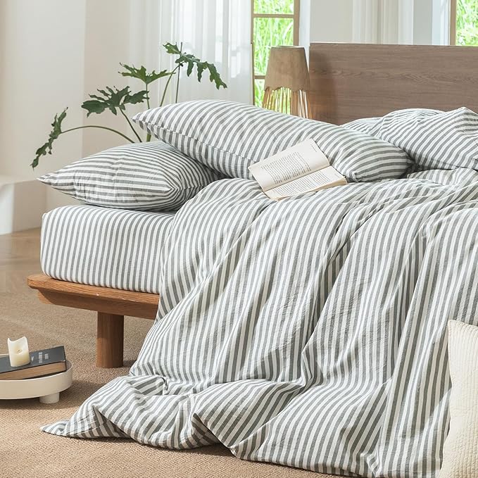 MooMee Striped Duvet Cover Set 100% Washed Cotton Linen Like Textured - Image 5