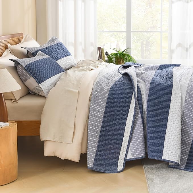 Litanika Oversized King Quilt Set Mineral Blue, 120x98 Stripe Bedspread - Image 2